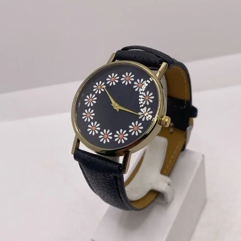 Womens Floral Gold Tone Flowers Watch Black Band New Battery